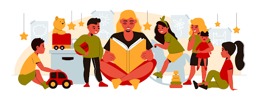 A teacher reading out from a book to students.